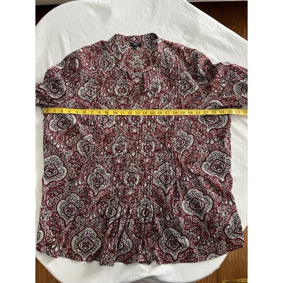 Talbots Paisley Sequin Pin Tuck Blouse Womens Size 2X Red Black Classic Preppy - Picture 5 of 7